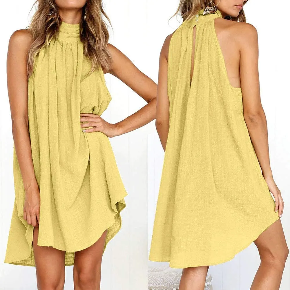 Sun Dresses for Women 2025 Vacation Halter Neck Solid Summer Casual Sundress Elegant Pleated High Low Mini Dresses