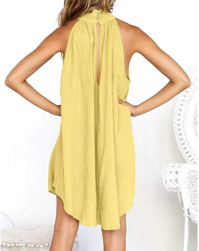 Sun Dresses for Women 2025 Vacation Halter Neck Solid Summer Casual Sundress Elegant Pleated High Low Mini Dresses