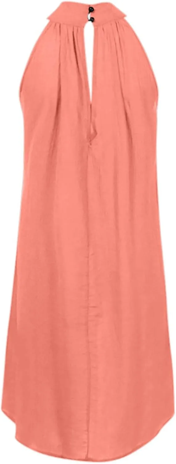 Sun Dresses for Women 2025 Vacation Halter Neck Solid Summer Casual Sundress Elegant Pleated High Low Mini Dresses
