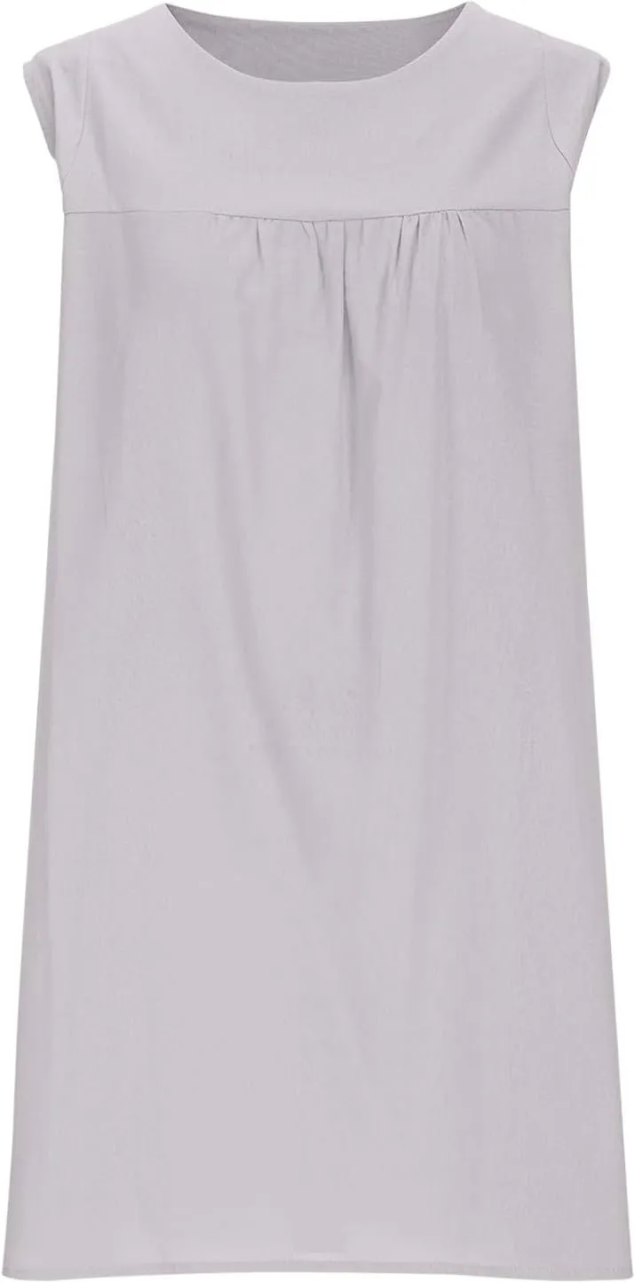Sun Dresses for Women 2025 Vacation Summer Round Neck Sleeveless Tank Dress Cotton Linen Coverup Mini Dress