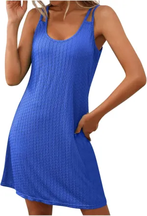 Sun Dresses for Women Summer Beach Vacation Spaghetti Strap Textured Mini Dress Loose Fit Casual Scoop Neck Sundress