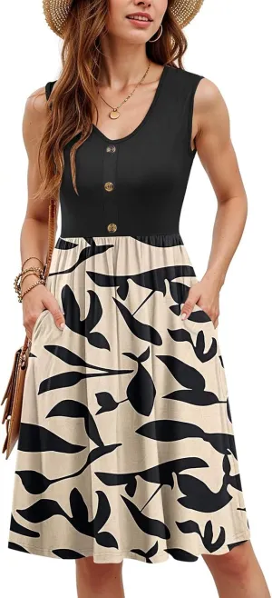 Sundress for Women-2025 Summer Fashion Patchwork Swing Button Down Sleeveless Midi Vacation Dresses with Pockets