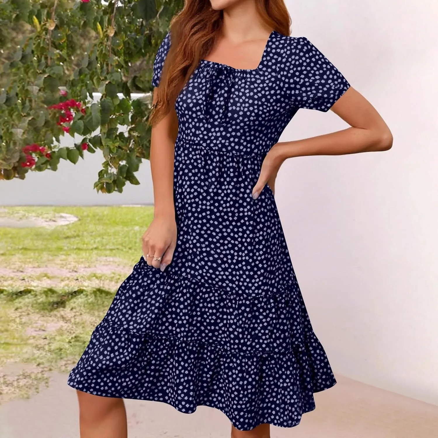 Sundresses for Women 2025 Casual Loose Trendy Short Sleeve Square Neck Floral Print Boho Beach Vacation Dress, S-2XL