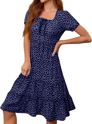 Sundresses for Women 2025 Casual Loose Trendy Short Sleeve Square Neck Floral Print Boho Beach Vacation Dress, S-2XL