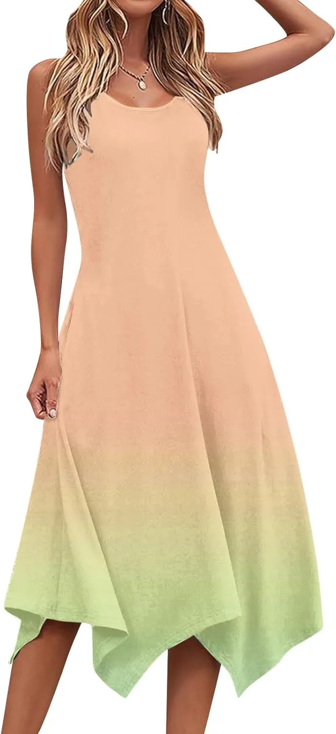 Sundresses for Women 2025 Casual Ombre Color Crewneck A-Line Flowy Dress Aesthetic Summer Beach Vacation Midi Dresses