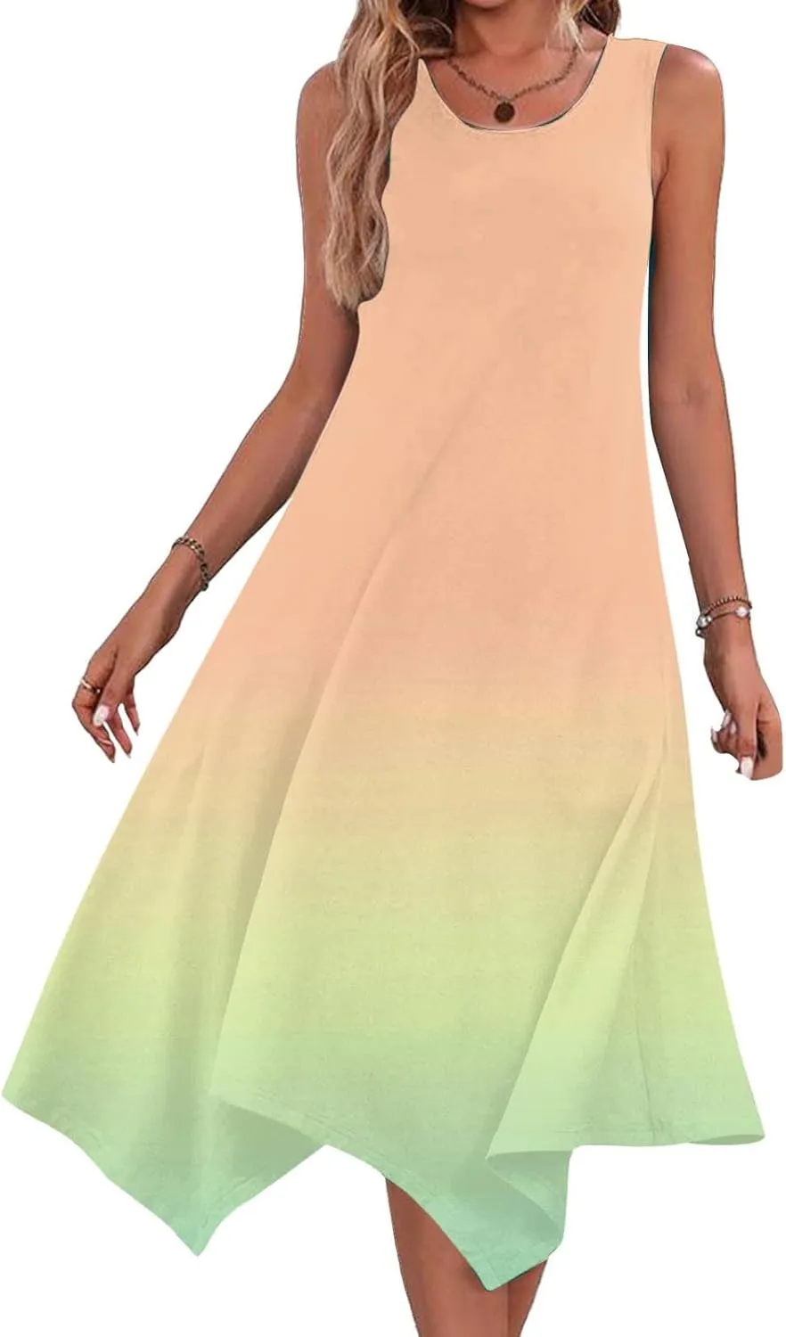 Sundresses for Women 2025 Casual Ombre Color Crewneck A-Line Flowy Dress Aesthetic Summer Beach Vacation Midi Dresses