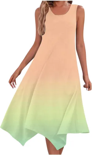 Sundresses for Women 2025 Casual Ombre Color Crewneck A-Line Flowy Dress Aesthetic Summer Beach Vacation Midi Dresses