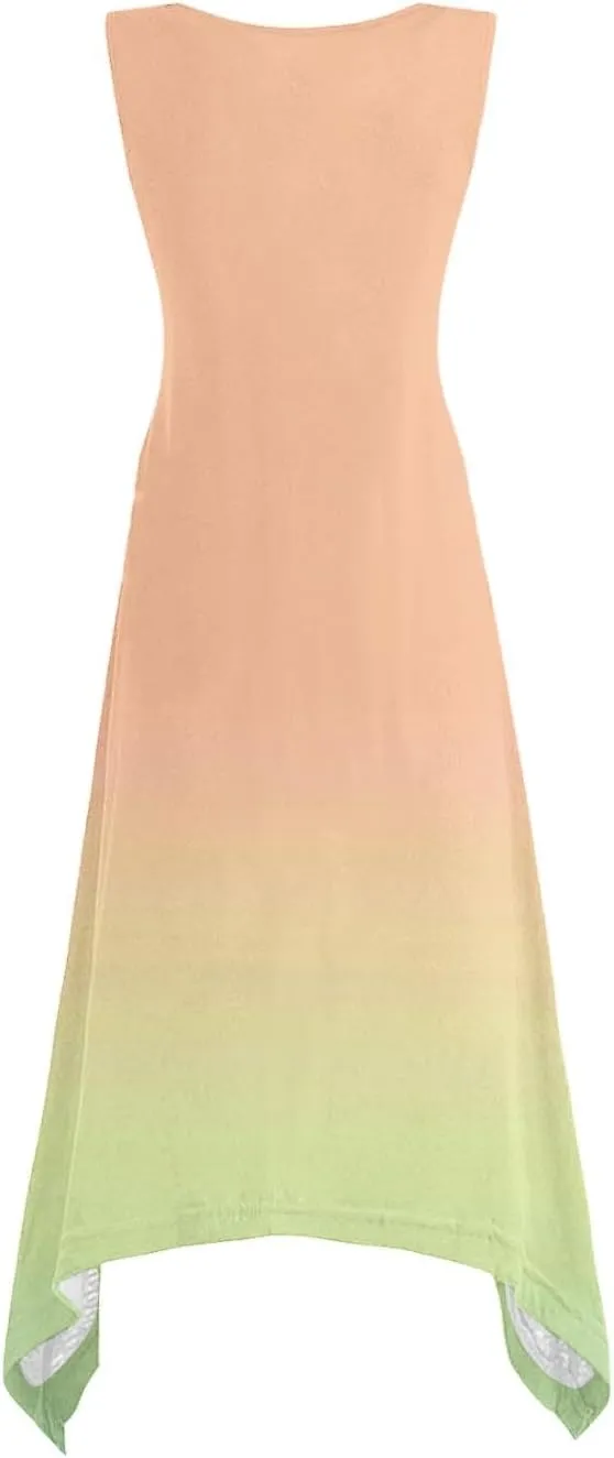 Sundresses for Women 2025 Casual Ombre Color Crewneck A-Line Flowy Dress Aesthetic Summer Beach Vacation Midi Dresses