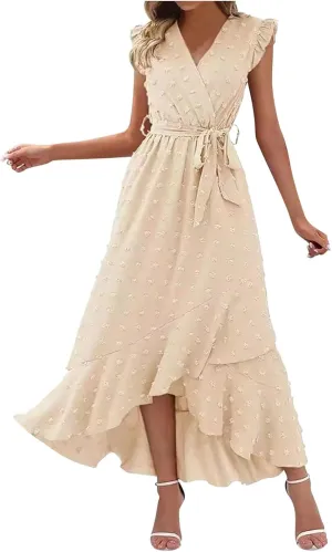 Sundresses for Women Solid Color Lace A Line Dress Elegant V Neck Tie Waist Dresses Beach Vacation Sundress