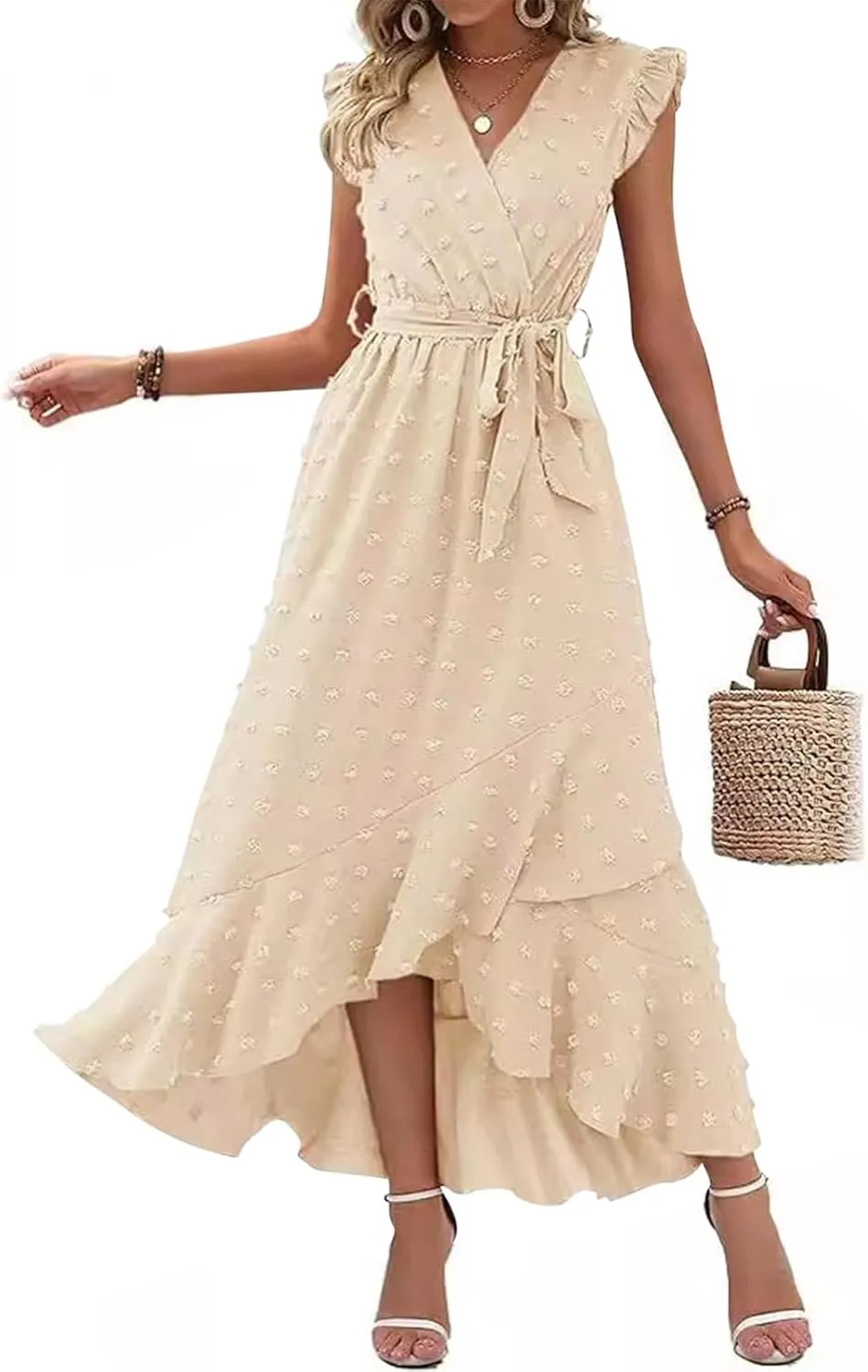 Sundresses for Women Solid Color Lace A Line Dress Elegant V Neck Tie Waist Dresses Beach Vacation Sundress