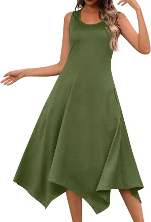 Sundresses for Women Summer Fashion Round Neck Sleeveless Floral Hawaiian Print Irregular Hem Midi Dresses