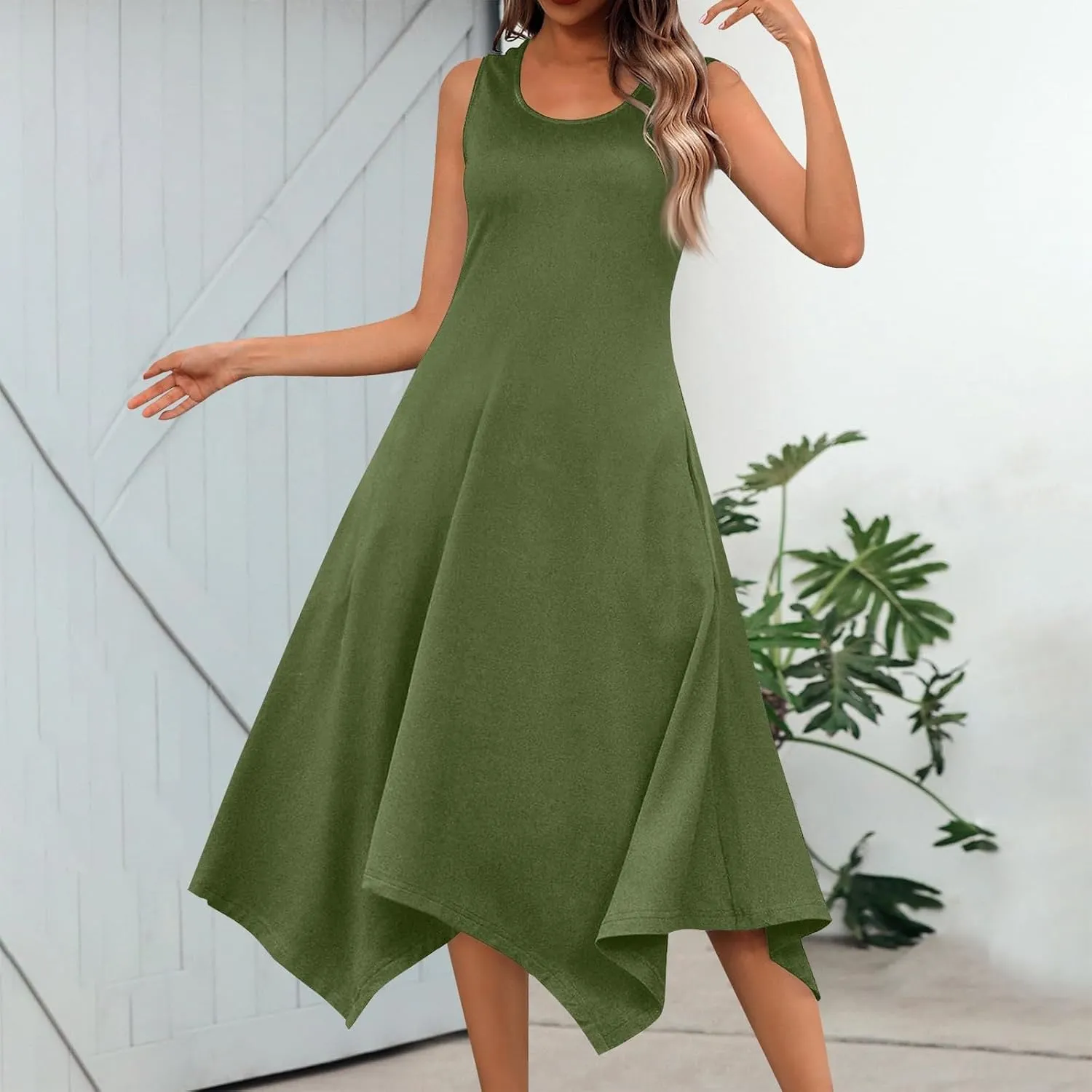 Sundresses for Women Summer Fashion Round Neck Sleeveless Floral Hawaiian Print Irregular Hem Midi Dresses