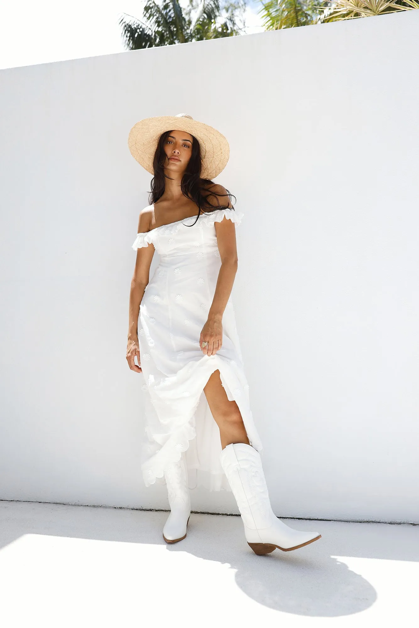 Sunset Waves Off Shoulder Maxi Dress Off White