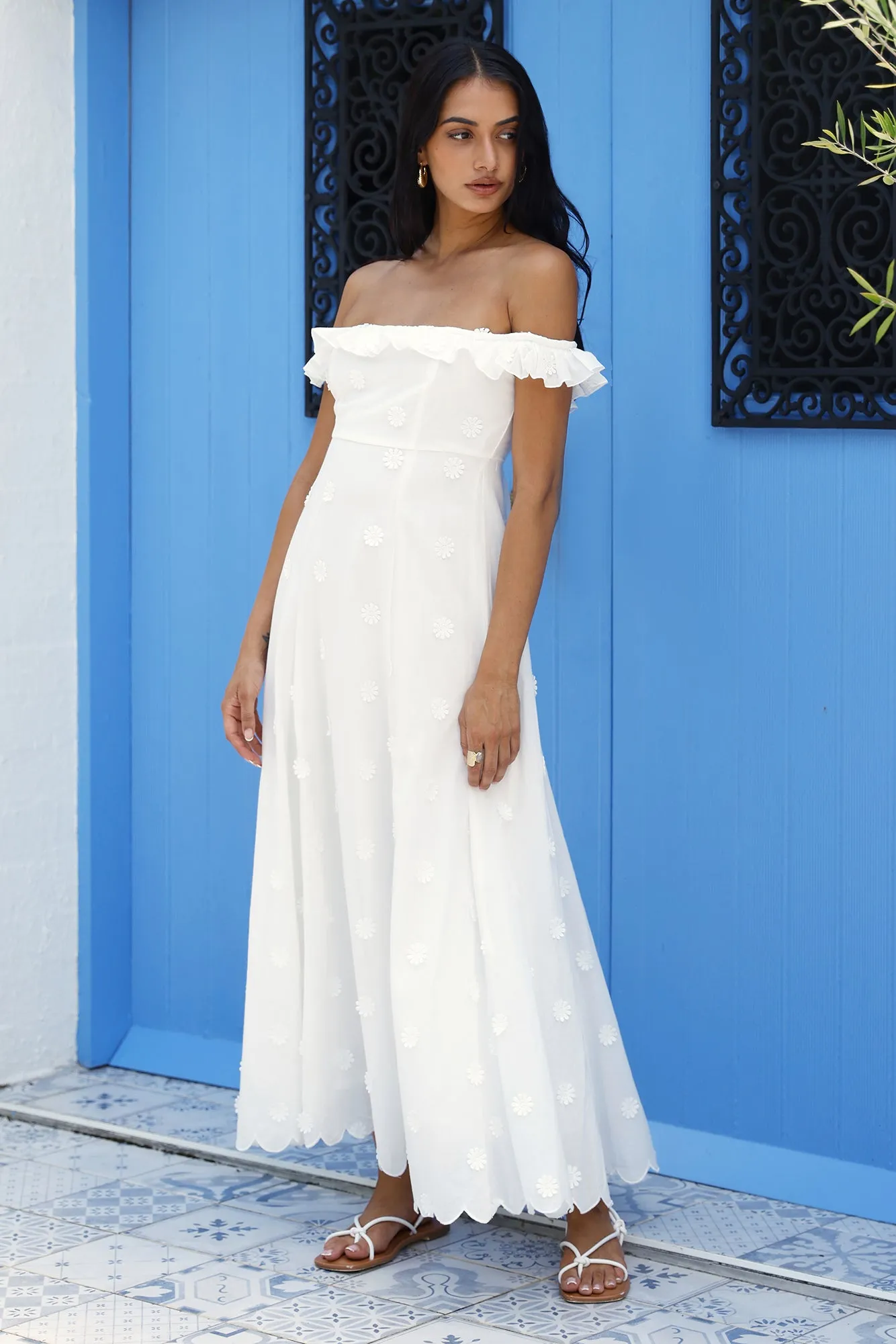 Sunset Waves Off Shoulder Maxi Dress Off White