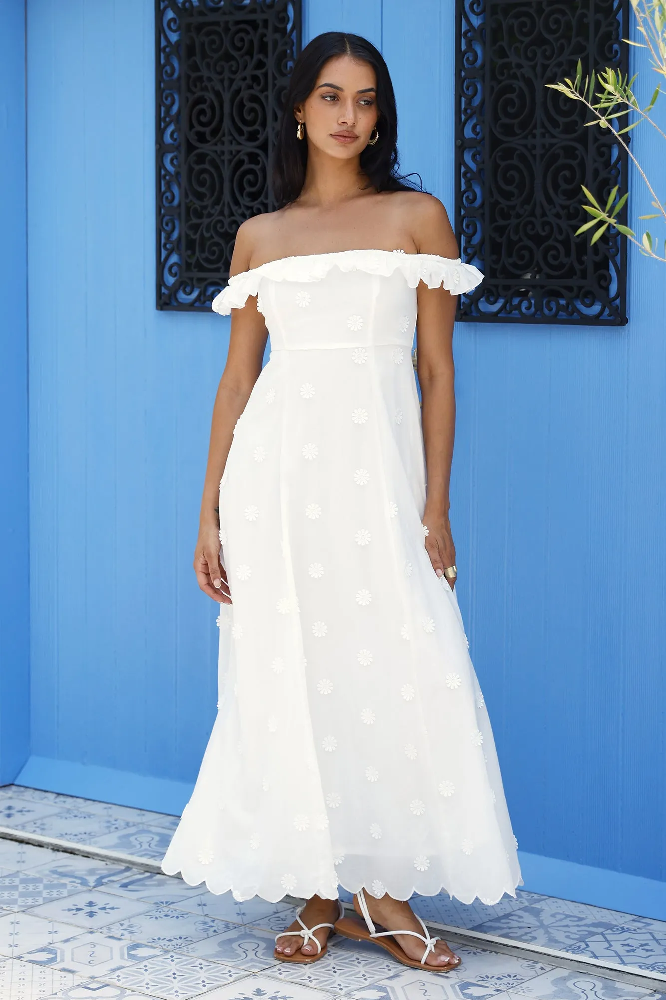 Sunset Waves Off Shoulder Maxi Dress Off White