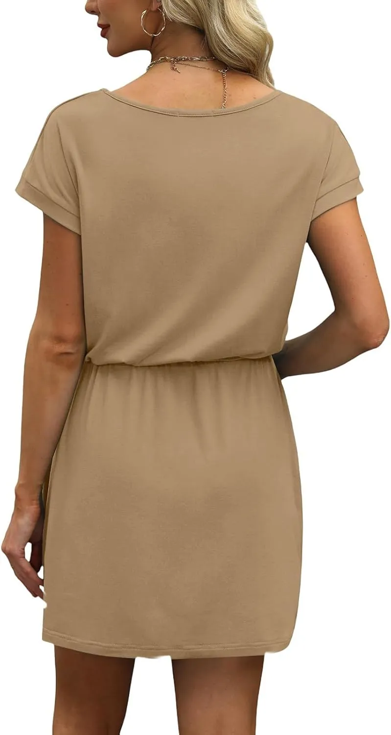 T Shirt Dresses for Women 2025 Short Sleeve V Neck Cinch Waist Dress Summer Mini Dress Casual Sundresses with Pockets