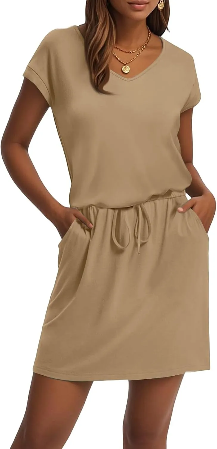 T Shirt Dresses for Women 2025 Short Sleeve V Neck Cinch Waist Dress Summer Mini Dress Casual Sundresses with Pockets