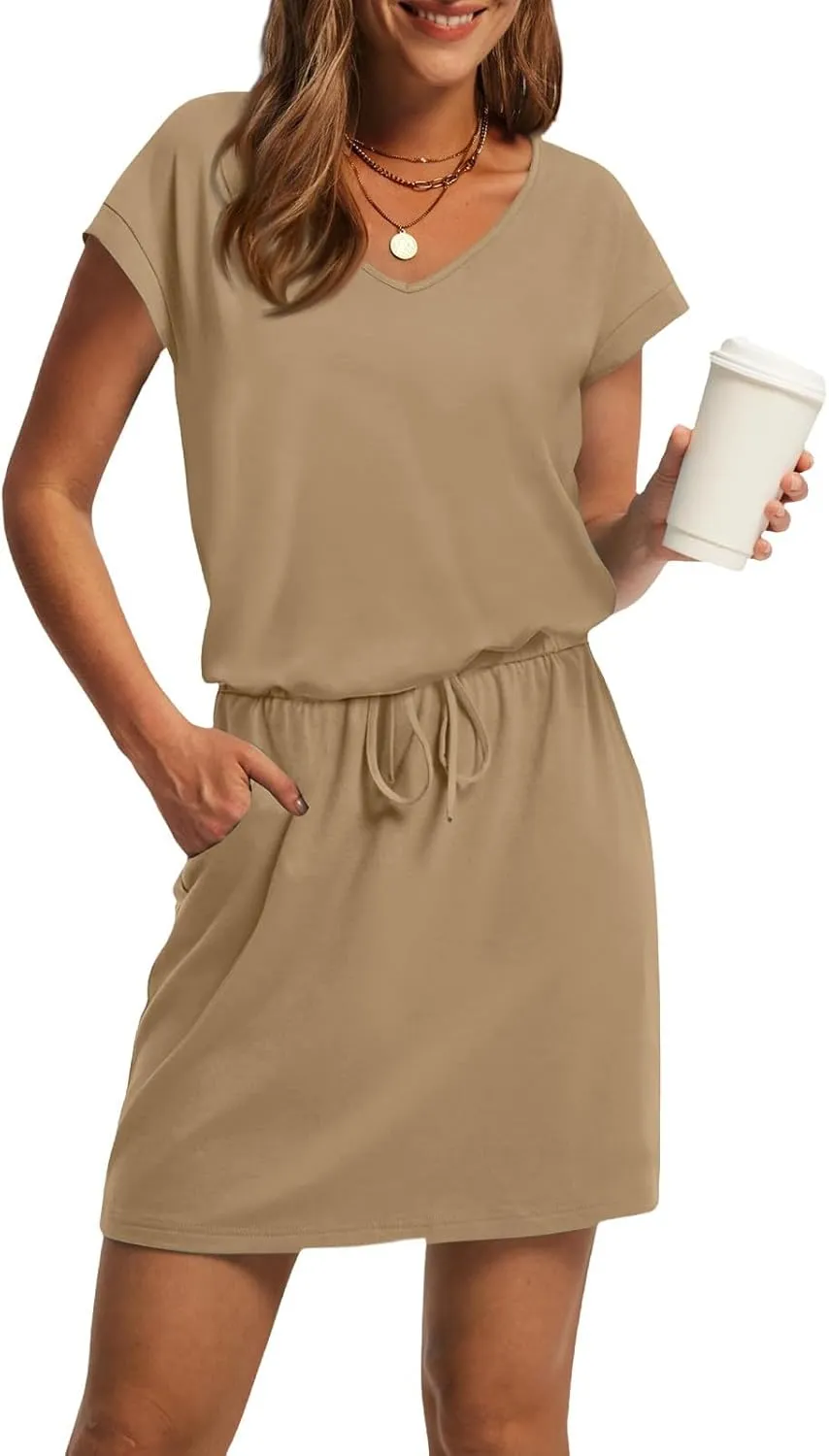 T Shirt Dresses for Women 2025 Short Sleeve V Neck Cinch Waist Dress Summer Mini Dress Casual Sundresses with Pockets