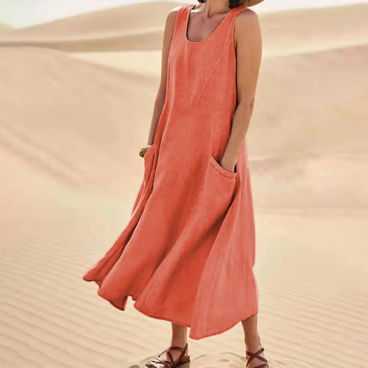 Tank Dresses for Women 2025 Casual Cotton Linen Beach Boho Sundresses Plus Size Sleeveless Loose Dress with Pockets