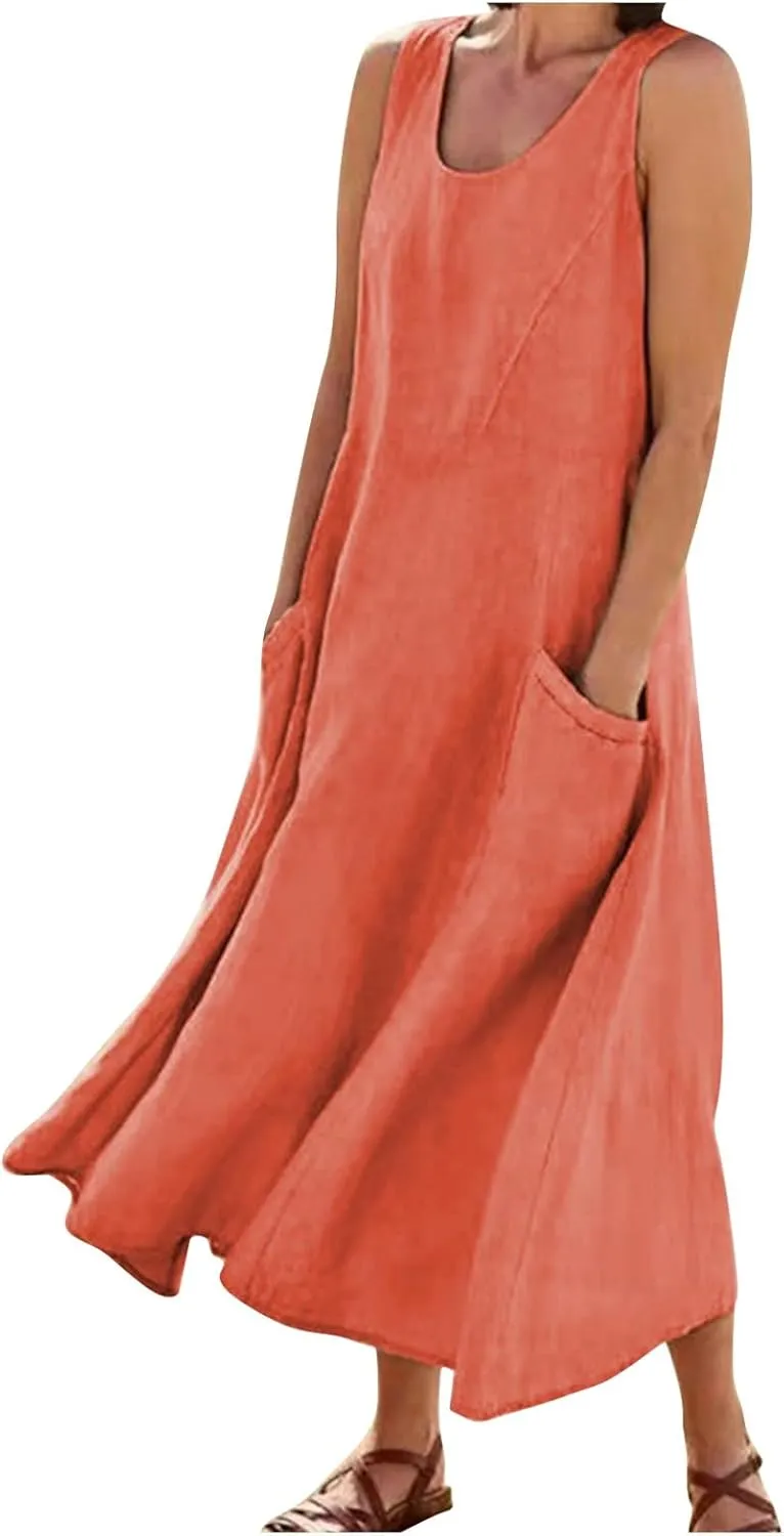 Tank Dresses for Women 2025 Casual Cotton Linen Beach Boho Sundresses Plus Size Sleeveless Loose Dress with Pockets