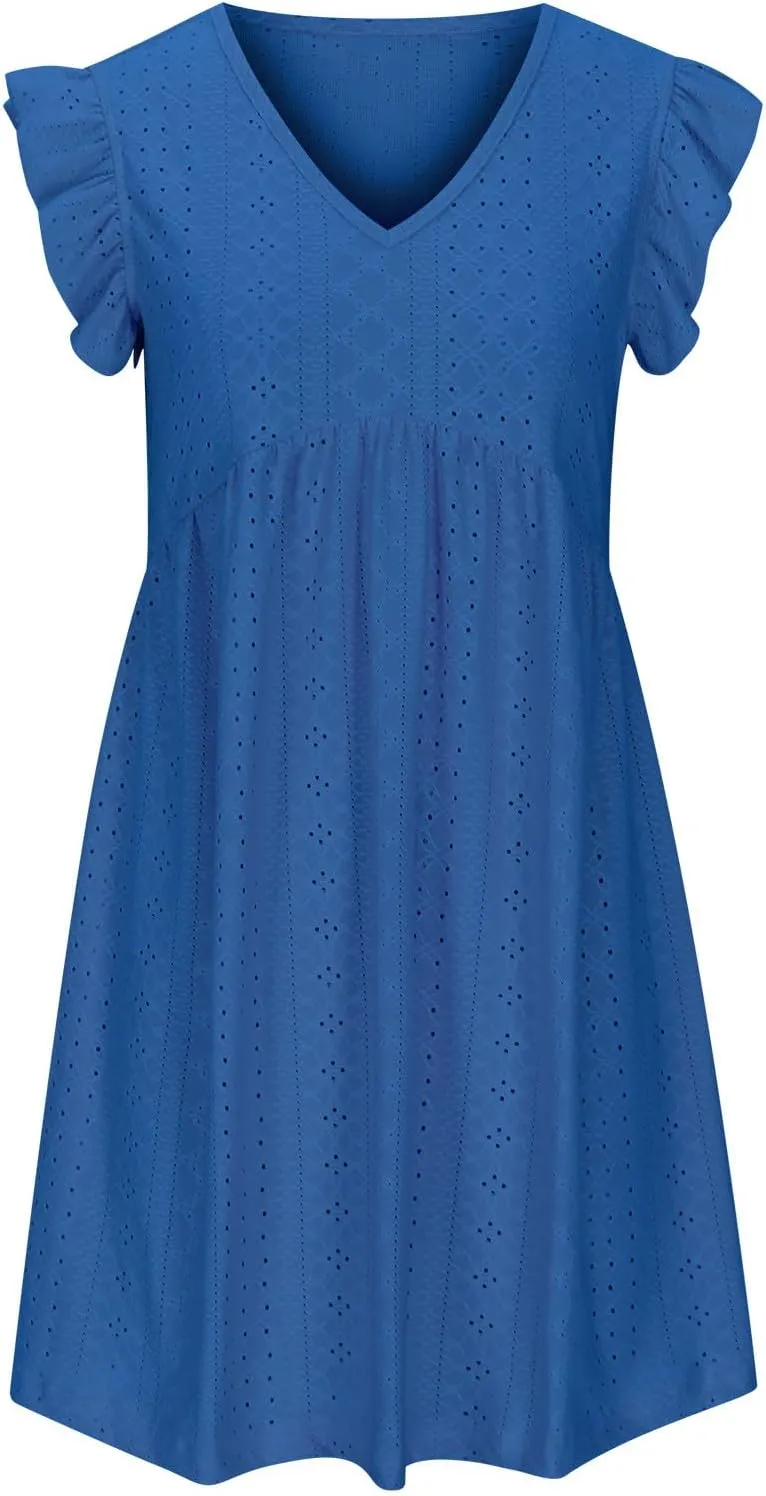 TARIENDY Sundresses for Women 2025,Ladies Ruffle V Neck Dresses Short Sleeve Sundresses Eyelet Summer Beach Vacation Dress