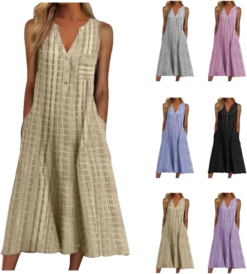 TARIENDY Womens Casual Sundress Trendy 2025 Summer Dress Sleeveless Beach Outfits V Neck Button Down Dress with Pockets