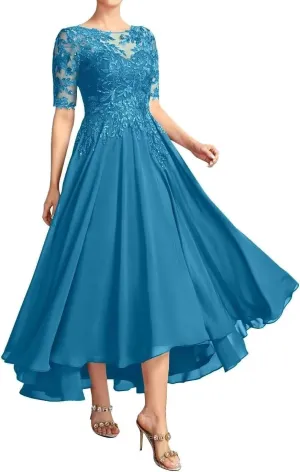 Tea Length Mother of The Bride Dresses for Wedding Short Sleeve Formal Dresses Lace Applique Chiffon Evening Party Gown