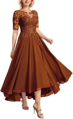 Tea Length Mother of The Bride Dresses for Women Chiffon Lace Wedding Dresses for Bride 2024