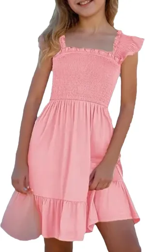 Teen Girls Dress Summer Flutter Sleeve Swing Dresses Summer Smocked Ruffle Mini Skirts Solid Color Tiered Sundress