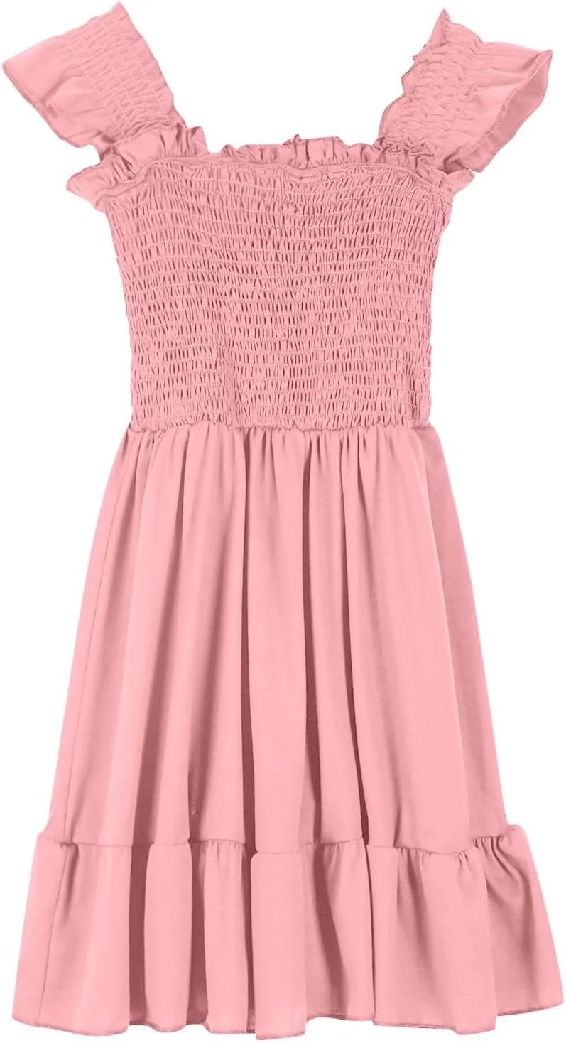 Teen Girls Dress Summer Flutter Sleeve Swing Dresses Summer Smocked Ruffle Mini Skirts Solid Color Tiered Sundress