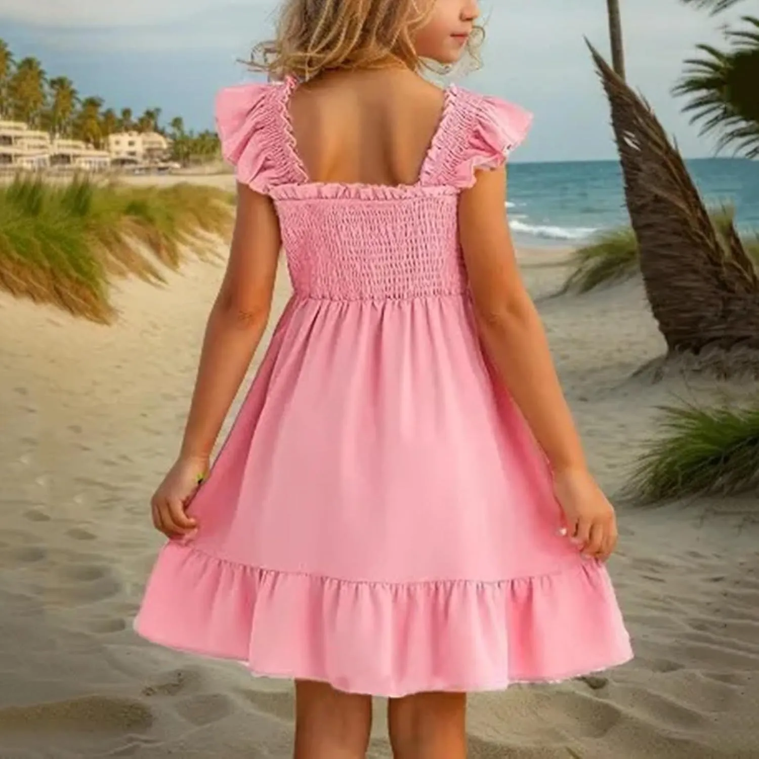 Teen Girls Dress Summer Flutter Sleeve Swing Dresses Summer Smocked Ruffle Mini Skirts Solid Color Tiered Sundress