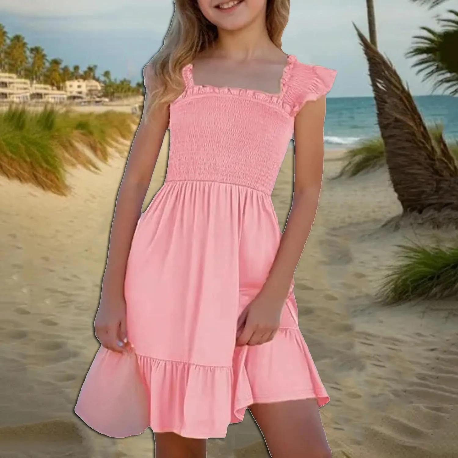 Teen Girls Dress Summer Flutter Sleeve Swing Dresses Summer Smocked Ruffle Mini Skirts Solid Color Tiered Sundress