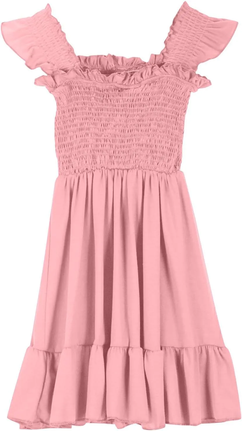 Teen Girls Dress Summer Flutter Sleeve Swing Dresses Summer Smocked Ruffle Mini Skirts Solid Color Tiered Sundress