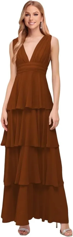 Tiered Long Chiffon Birdesmaid Dress Long for Wedding Women's V-Neck Formal Dress A-Line Prom Party Gown 2024