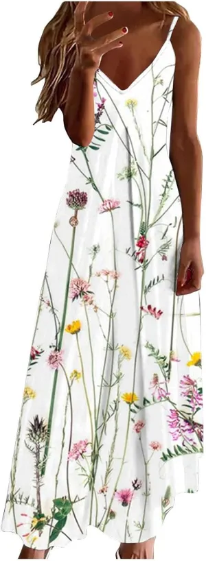 Todays Deals Women's Summer Spaghetti Strap Elegant Long Dresses Plus Size Vacation Flowy Beach Dress Loose Floor Length Dress Dresses for Women 2024 Casual White 4X