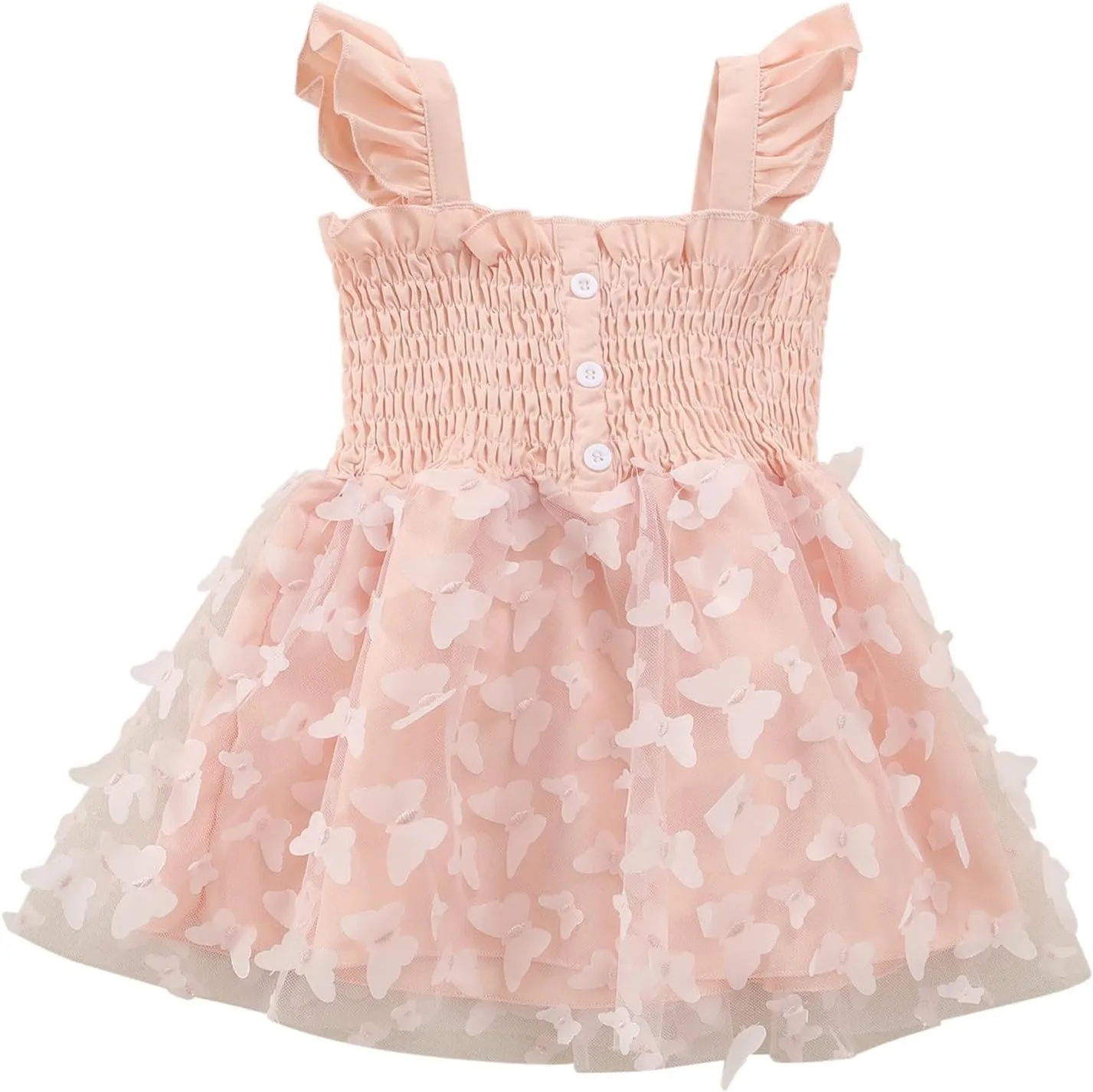 Toddler Girls Tulle Dress Kids 3D Butterfly Applique Ruffle Straps Smocked Button A-Line Summer Dresses 1-5 Years