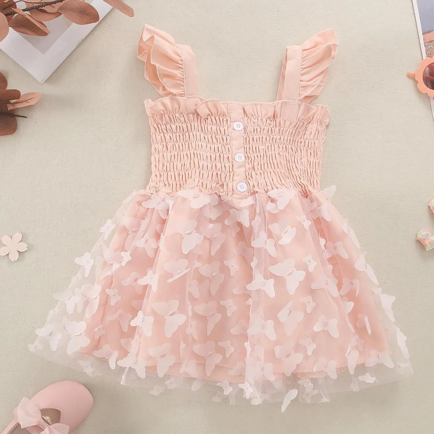 Toddler Girls Tulle Dress Kids 3D Butterfly Applique Ruffle Straps Smocked Button A-Line Summer Dresses 1-5 Years
