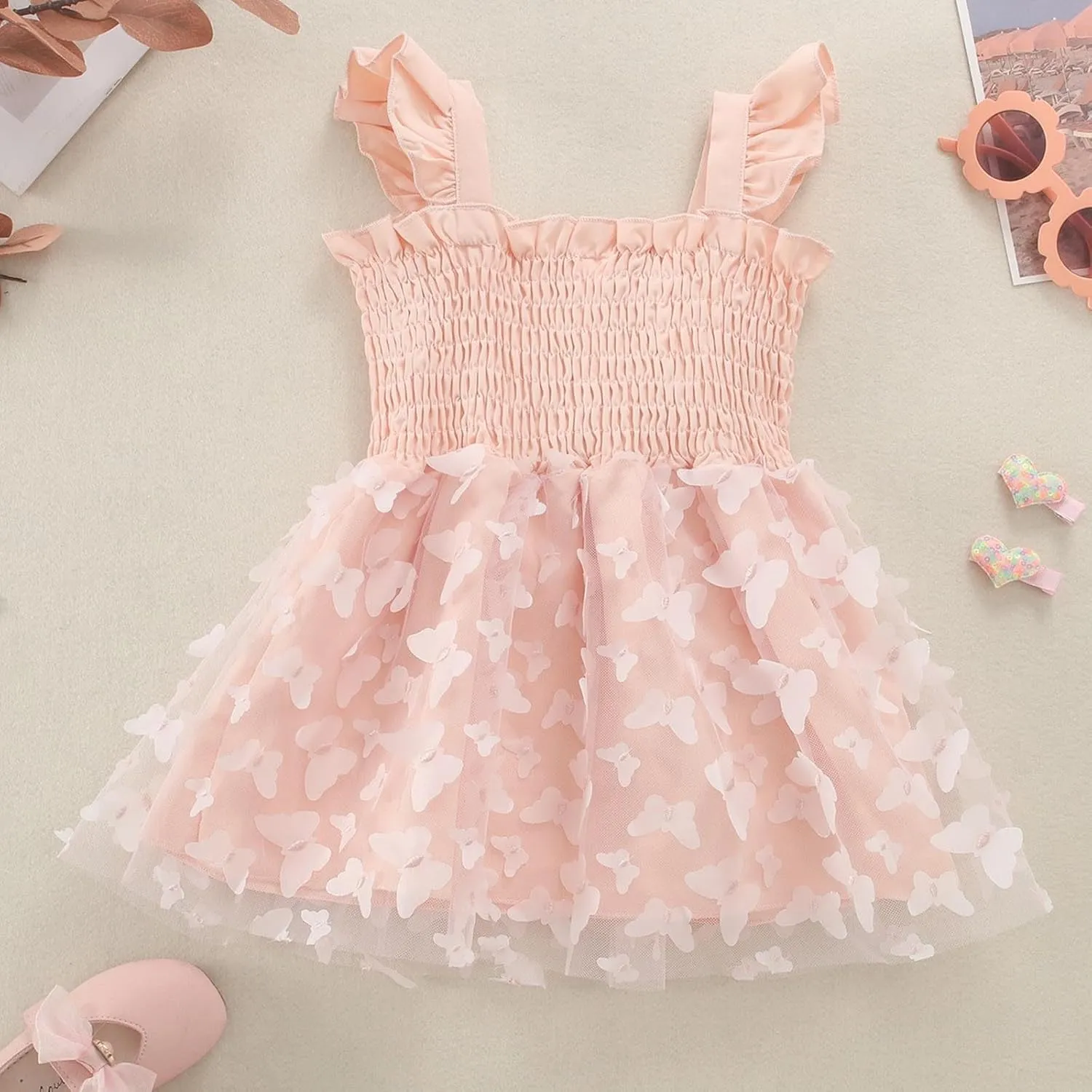Toddler Girls Tulle Dress Kids 3D Butterfly Applique Ruffle Straps Smocked Button A-Line Summer Dresses 1-5 Years