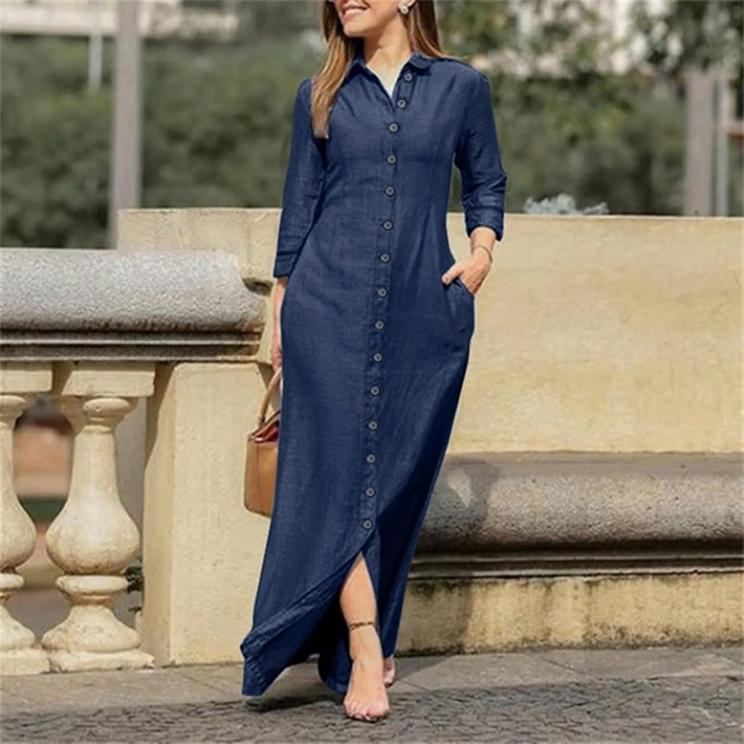 Trendy Button Down Long Sleeve Shirt Maxi Dress Summer Sexy V Neck Plus Size Fall Formal Elegant Casual Long Dress