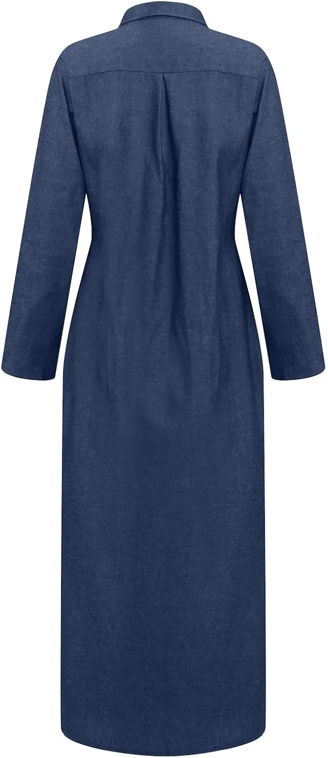Trendy Button Down Long Sleeve Shirt Maxi Dress Summer Sexy V Neck Plus Size Fall Formal Elegant Casual Long Dress