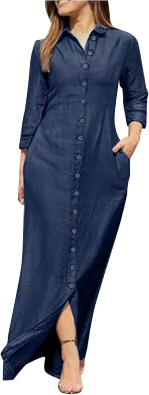 Trendy Button Down Long Sleeve Shirt Maxi Dress Summer Sexy V Neck Plus Size Fall Formal Elegant Casual Long Dress