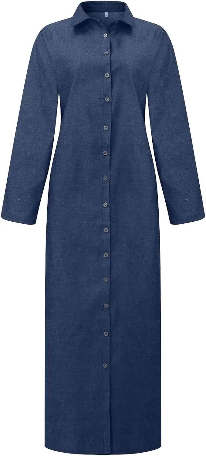 Trendy Button Down Long Sleeve Shirt Maxi Dress Summer Sexy V Neck Plus Size Fall Formal Elegant Casual Long Dress