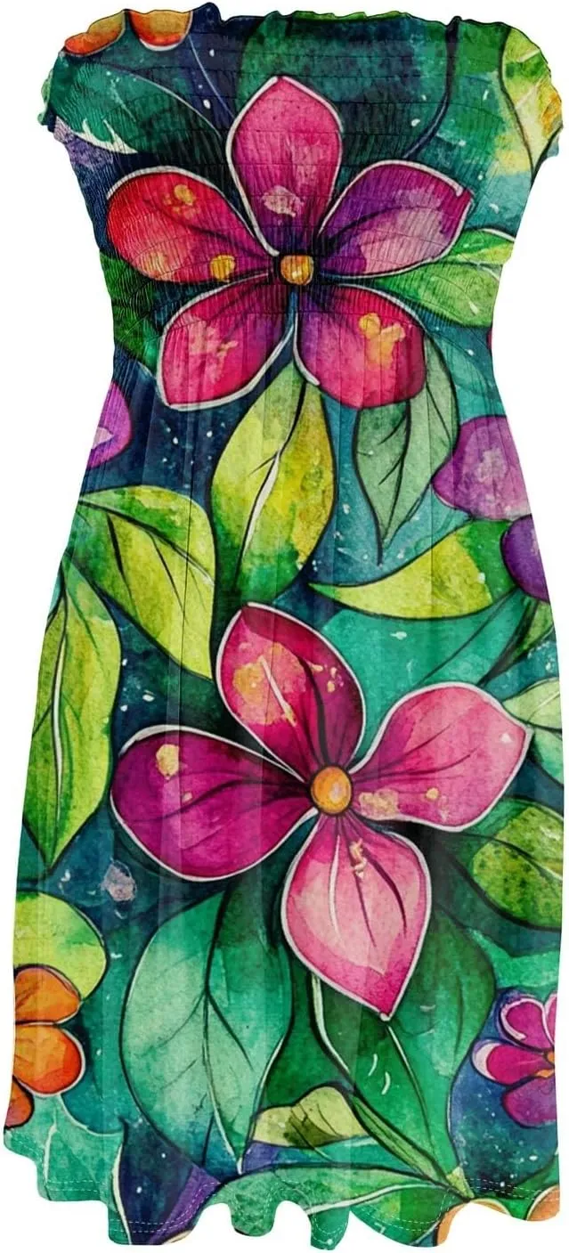 Tube Dresses for Women Summer Strapless Floral Print Ruffled Off The Shoulder Dresses Flowy Beach Swimsuit Cover Ups