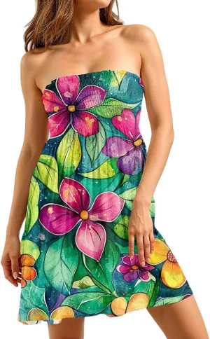 Tube Dresses for Women Summer Strapless Floral Print Ruffled Off The Shoulder Dresses Flowy Beach Swimsuit Cover Ups