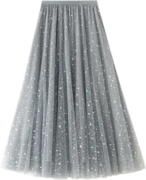 tuduoms Long Tulle Skirt Womens Sequin Glitter Party Skirt Pleated Aline Layered Tutu Skirt Mesh Flowy Midi Maxi Skirt Dress