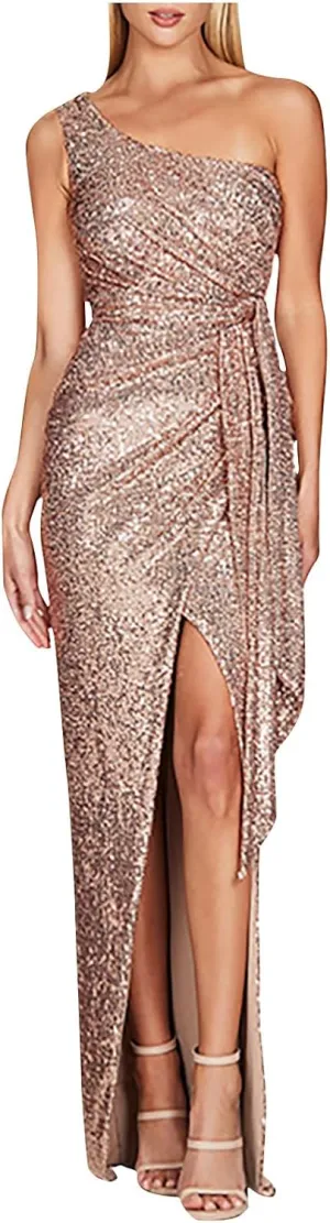 Uillui Women's Elegant Ruched Sequin Gowns Sexy One Shoulder Split Bodycon Maxi Formal Dress Glitter Sparkle Evening Dresses