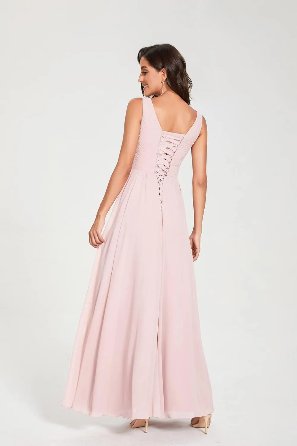 V-Neck Bridesmaid Dress Long with Slit Chiffon A-line Pleated Formal Dresses for Women WD1932P