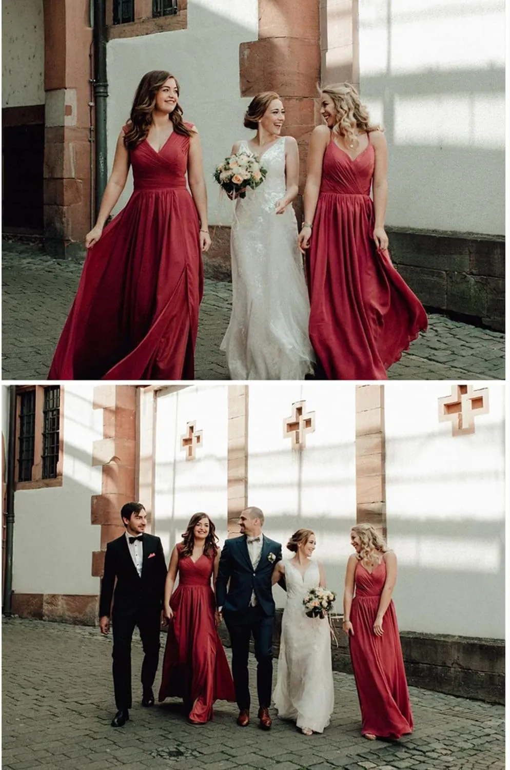 V-Neck Bridesmaid Dress Long with Slit Chiffon A-line Pleated Formal Dresses for Women WD1932P