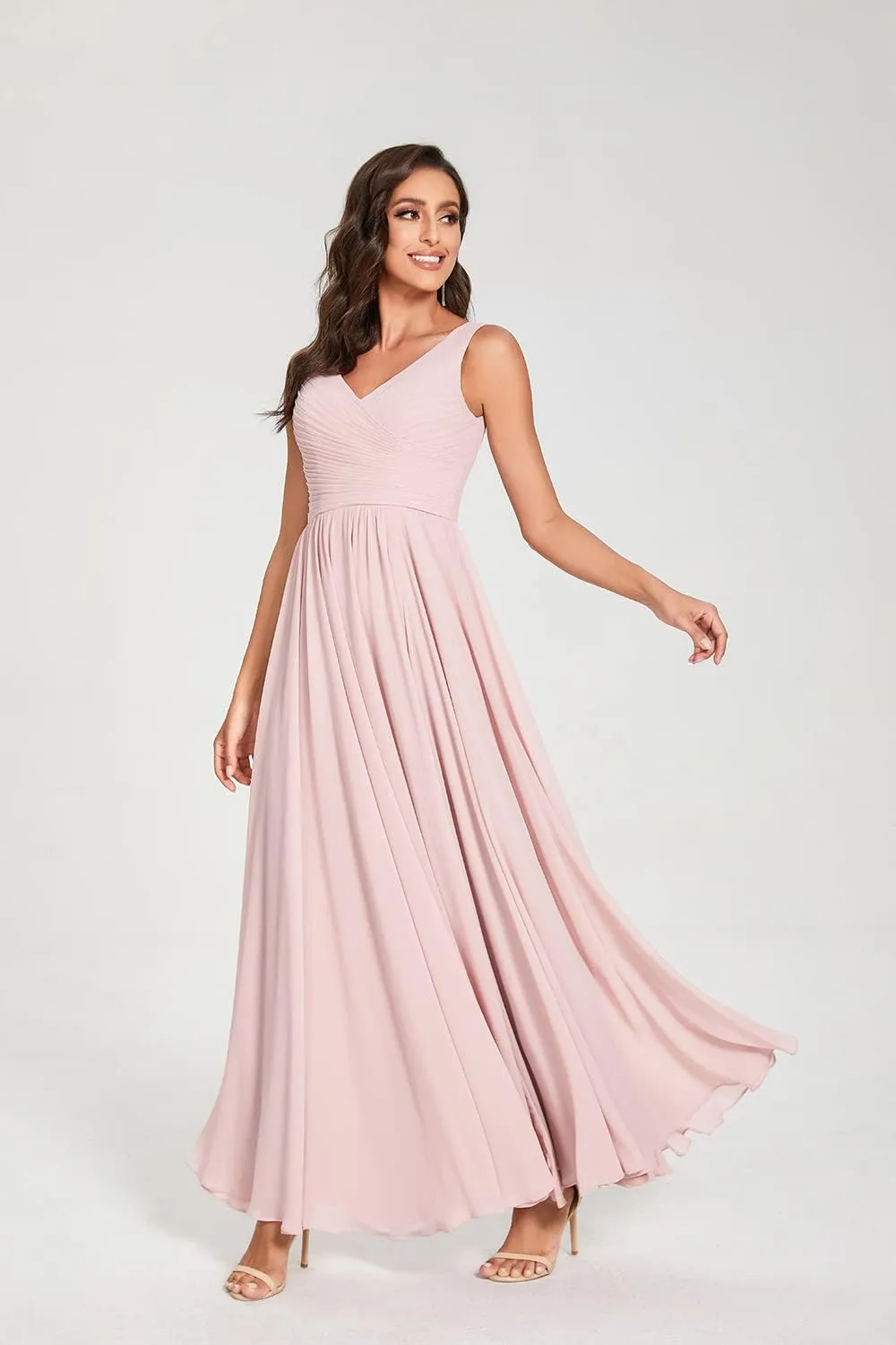 V-Neck Bridesmaid Dress Long with Slit Chiffon A-line Pleated Formal Dresses for Women WD1932P