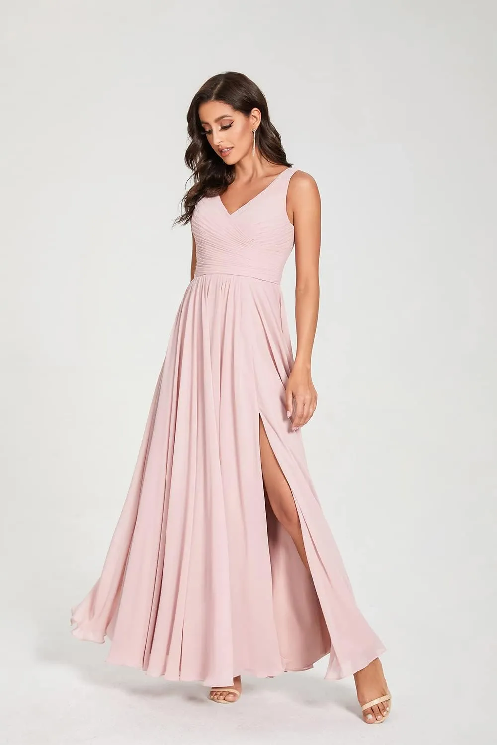 V-Neck Bridesmaid Dress Long with Slit Chiffon A-line Pleated Formal Dresses for Women WD1932P